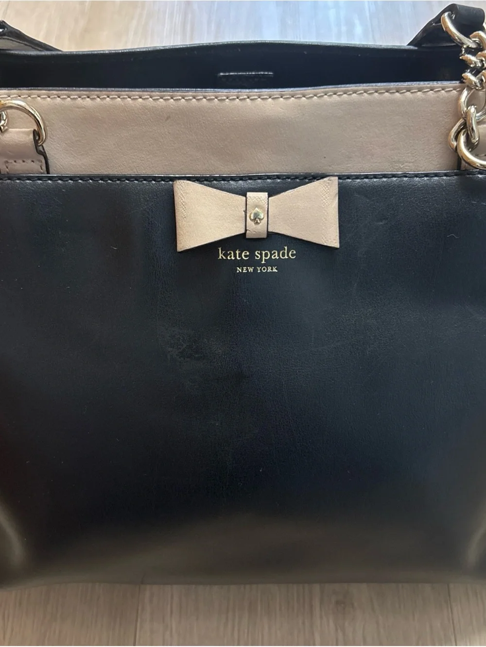 kate spade Black and Cream Leather Tote with Bow Accent
